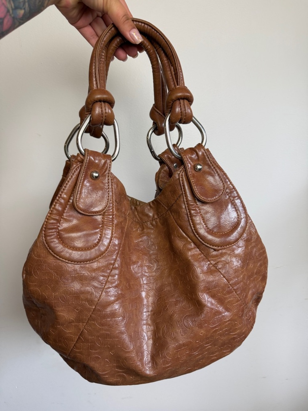 GUESS Vintage Brown Leather Hobo Bag Monogram Logo Y2K Shoulder Bag - Picture 4 of 14
